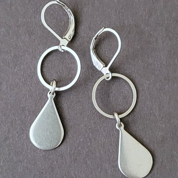 TEARDROP Circle Stainless Steel Lever Back Earrings Minimalist - Picture 1 of 14